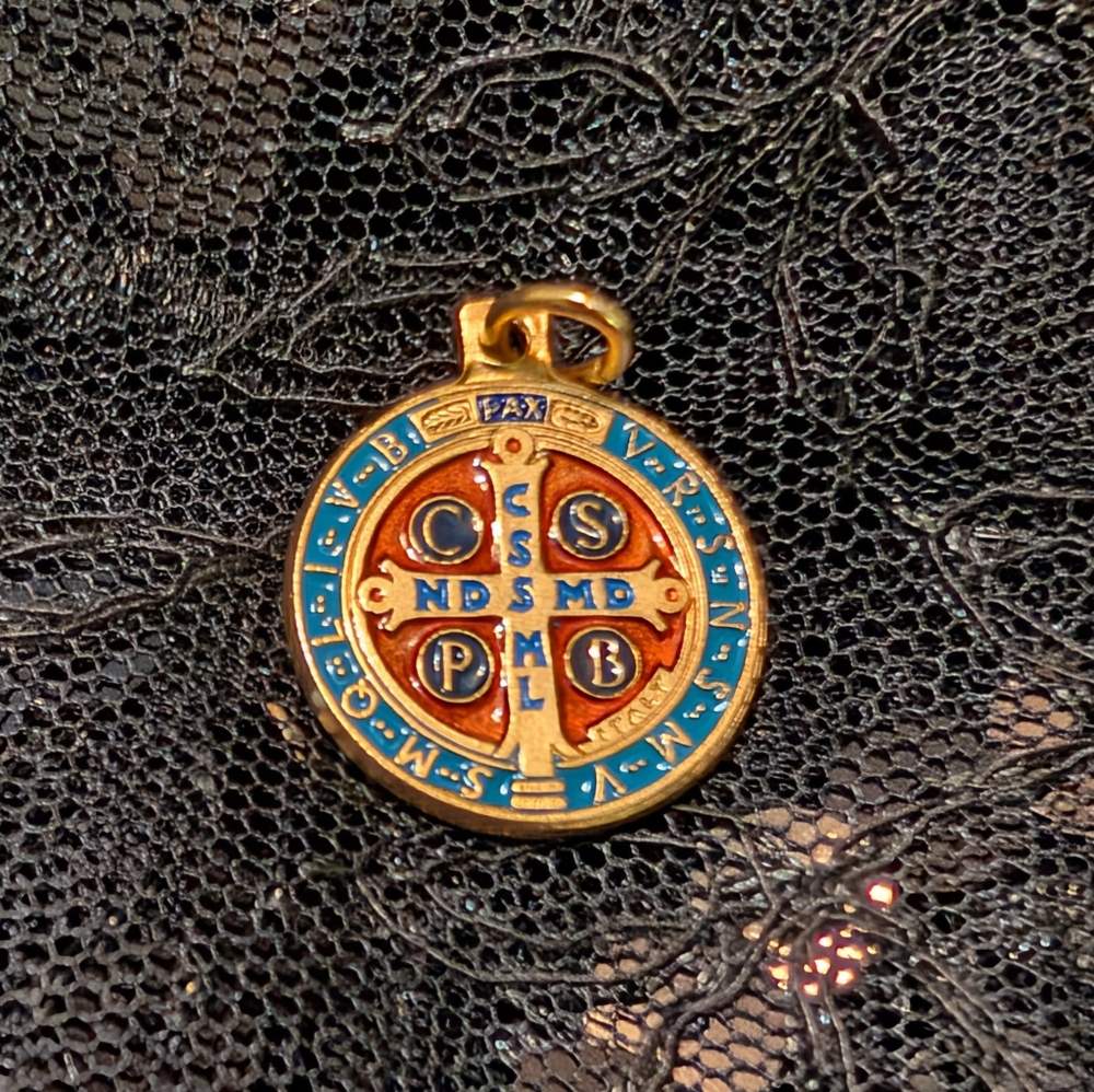 Gold and Blue St. Benedict Medallion Pendant.